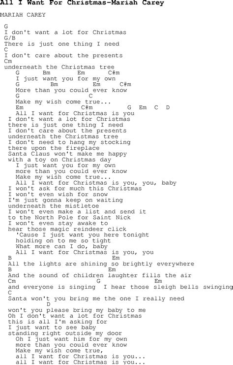 Christmas Carol Song Lyrics With Chords For All I Want For Christmas Mariah Carey