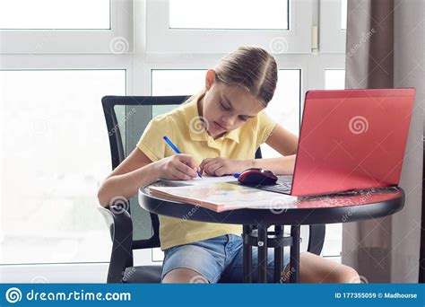 Girl Does Homework While Studying Remotely Stock Image Image Of