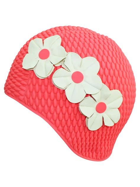pink latex swim cap with flowers