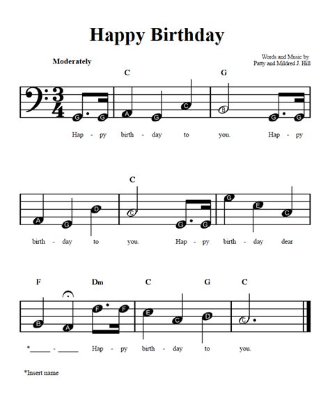 Happy Birthday Beginner Bass Clef Sheet Music With Chords And Lyrics