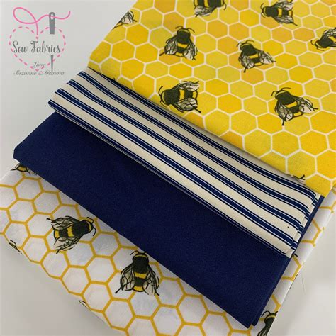 100 Cotton Poplin Fabric Yellow Navy Bees And Stripe 4 X Fat Quarter