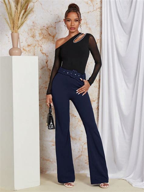 shein privé solid flare leg belted pants shein usa