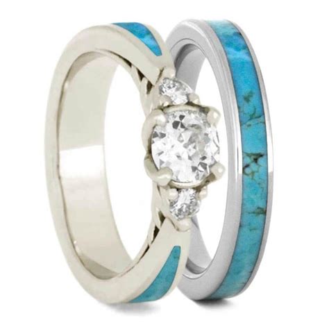 Turquoise Bridal Set Moissanite Engagement Ring With Turquoise Band