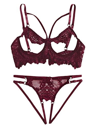 Lilosy Sexy Underwire Strappy Floral Sheer Lingerie Set See Through Bra