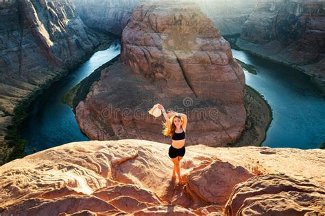 Carefree Girl On Grand Canyon Young Woman Enjoying View Of Horseshoe