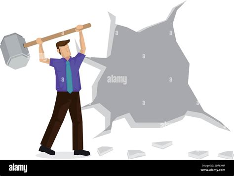 Vector Illustration Of Business Man Breaking Down The Wall Concept Of