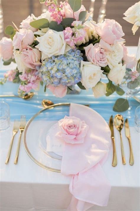Light Blue And Blush Pink Wedding Table Decor In 2020 Blue And Blush