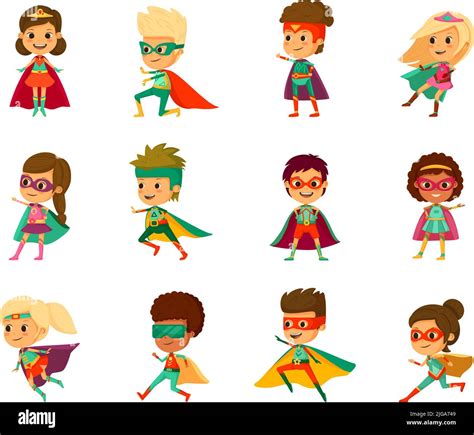 Kids Superheroes Cartoon Icon Set Little Boys And Girls In Different