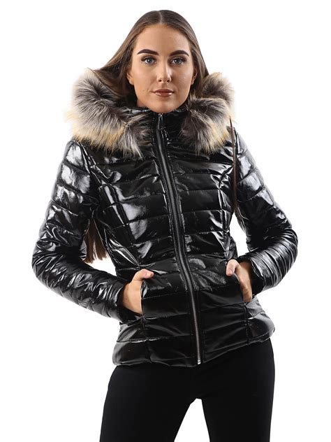 Womens Jacket Ladies Quilted Wet Look Shiny Padded Puffer Faux Fur