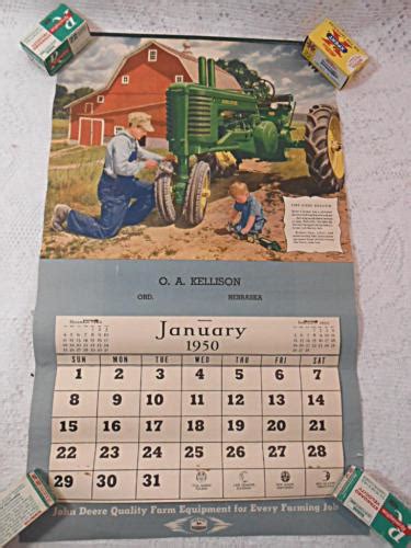 Old 1950 John Deere Tractor Calendar O A Kellson Ord Nebraska Vintage