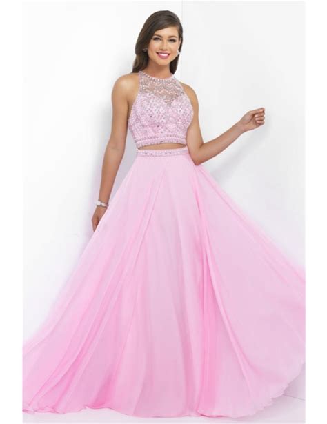 Attractive 2016 Pink Prom Dress Jewel Neck Two Pieces Beaded Technic