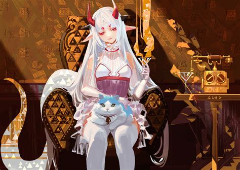 Wallpaper Pixiv Fantasia Anime Girls Women Fantasy Girl White Hair Long Hair Horns