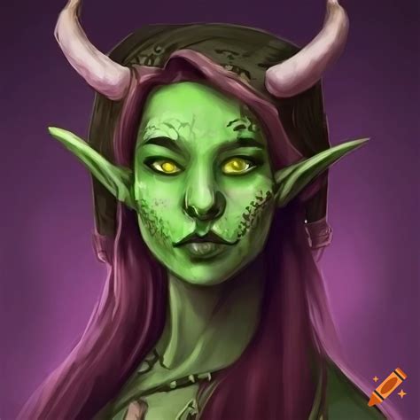 Highly Detailed Portrait Of A Green Skinned Female Tiefling Warlock On