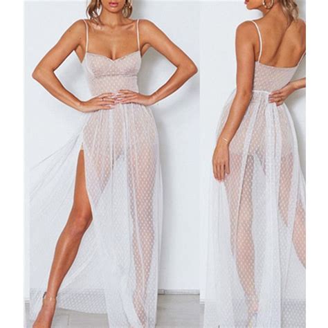 Sexy Sleeveless Nightclub Maxi Dress Women See Through Mesh Striped Bodycon Long Dresses