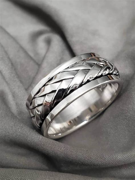 Woven Spinner Band Sterling Silver 925 Mens Ring 9mm Etsy