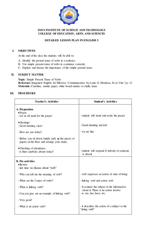 Detailed Lesson Plan In English 2 Verbs English Lesson Plans Vrogue