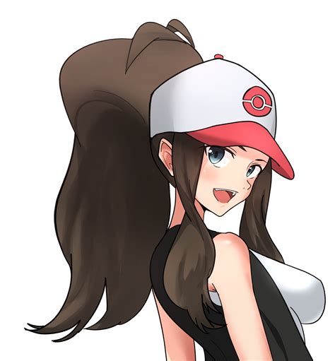 Hilda Pokémon long hair ponytail brunette solo big boobs open mouth looking at viewer