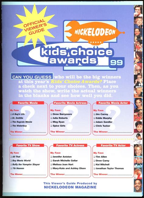 1999 Nickelodeon Magazine Kids Choice Awards Trading Cards