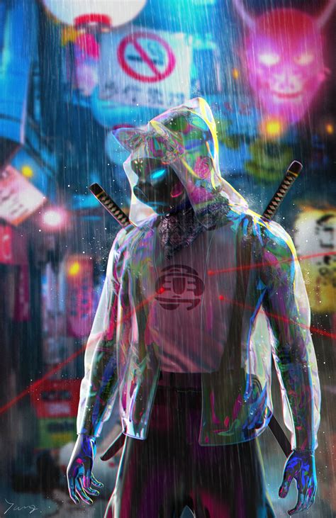 Neon Samurai Neon Cyberpunk Wallpaper 4k Man With Katana