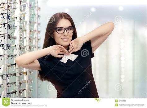 Elegant Bowtie Woman With Cat Eye Frame Glasses In Optical Store Stock