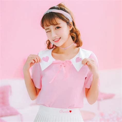 Shirts Harajuku Kawaii 2018 Korean Summer Top Fashion Bow Tie Heart Shaped Embroidery Love Tide