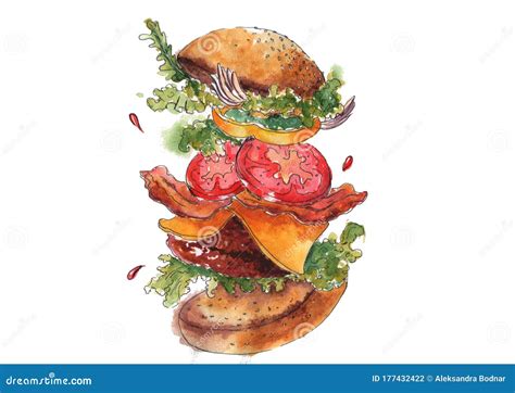 Watercolor Illustration Cheese And Bacon Burger Painted In Watercolor