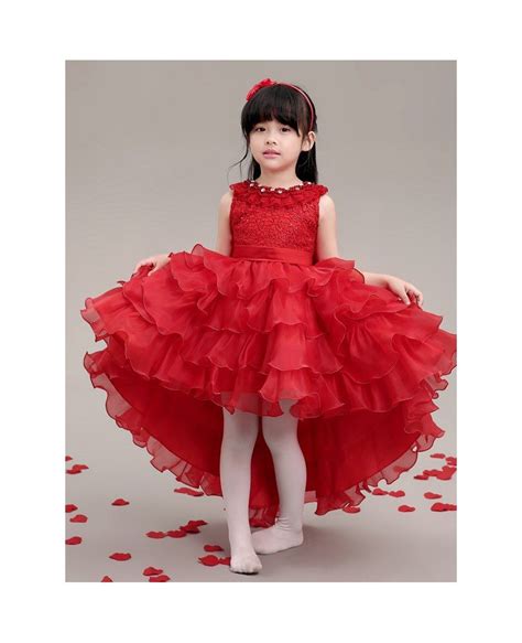high low cascading hot red lace pageant dress with crystal neck gemgrace