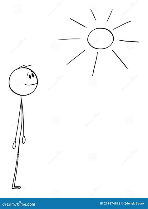 Happy Man Looking Satisfied At Shinning Summer Sun Vector Cartoon Stick Figure Illustration
