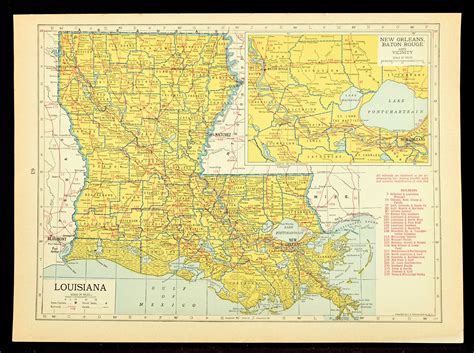 Louisiana Map Of Louisiana Wall Art Decor Railroad 1940s Original