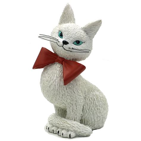 Cat White Coquette So Cute Coy Look Wearing Red Bow Cat Statue By