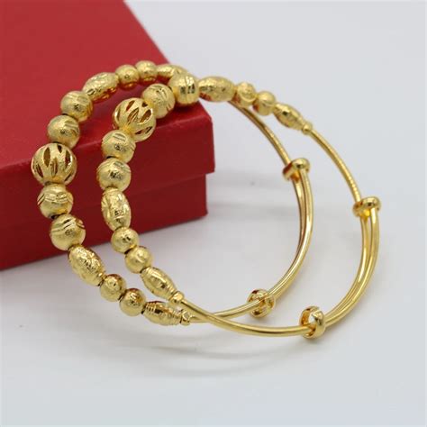 2 Pieces Carved Beads Bangle Yellow Gold Filled Classic Style Womens