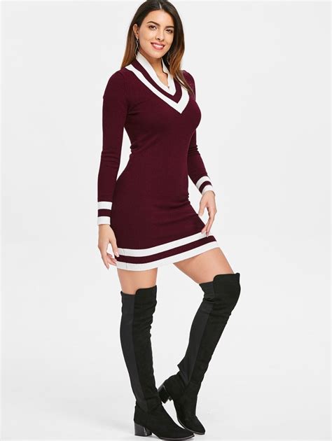 Buy Color Trim Short Knit Sweater Dress Full Sleeve