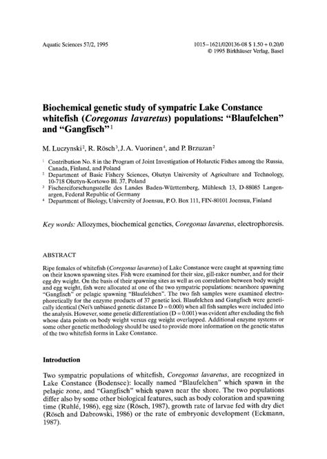 Pdf Biochemical Genetic Study Of Sympatric Lake Constance Whitefish