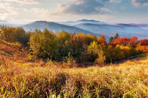 Mountainous Countryside In Autumn At Sunrise Stock Photo Image Of