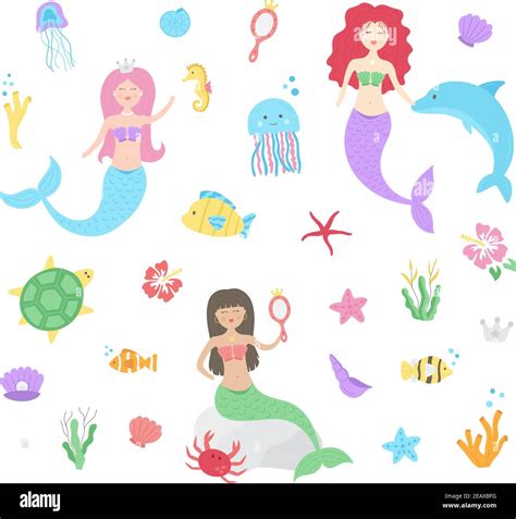 Cute Mermaid Underwater Vector Illustration Set Mermaid Girls