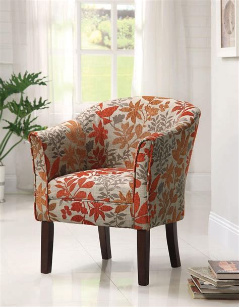 Cool Accent Chairs With Orange Leaf Motif Plus Wooden Leg And Comfy Back And Arms 