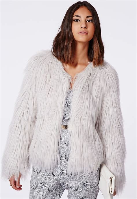 missguided cassie shaggy faux fur coat grey 85 missguided lookastic