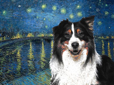 Australian Shepherd Tricolor Aussie Dog Art Van Gogh Starry Night Over