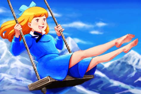 Safebooru 70s D Alps No Shoujo Heidi Barefoot Blonde Hair Blue Blue Dress Bow Dress Feet Hair