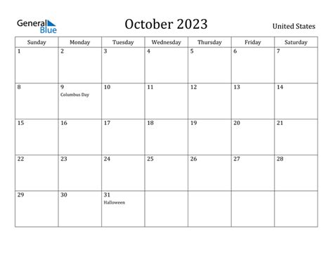 October 2023 Calendar With United States Holidays