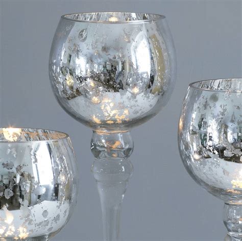 Set Of Three Mercury Glass Stemmed Candle Holders By Primrose And Plum