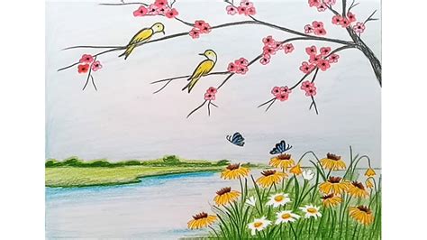 How To Draw Scenery Of Spring Season Step By Step Youtube