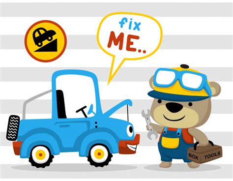 Mechanic Cartoon With Funny Car On Striped Background Premium Vector