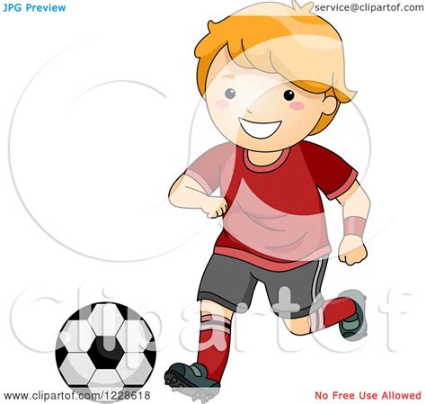 Clipart Of A Happy Red Haired Caucasian Boy Playing Soccer Royalty
