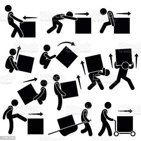 Man Moving Box Actions Postures Stick Figure Pictogram Icons Stock