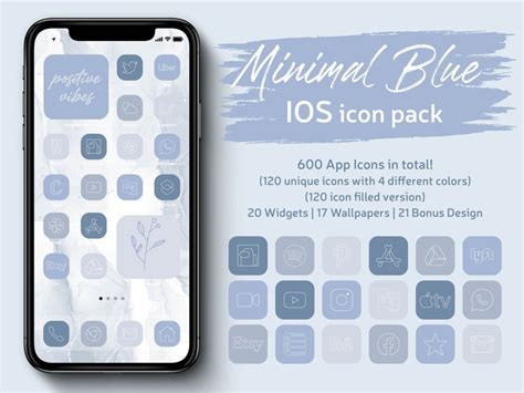 Iphone Ios 14 App Icons Pack Minimal Blue Icon Bundle Etsy