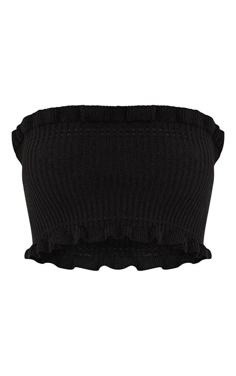 Brittnay Black Ruffle Detail Knit Tube Top Prettylittlething Ca