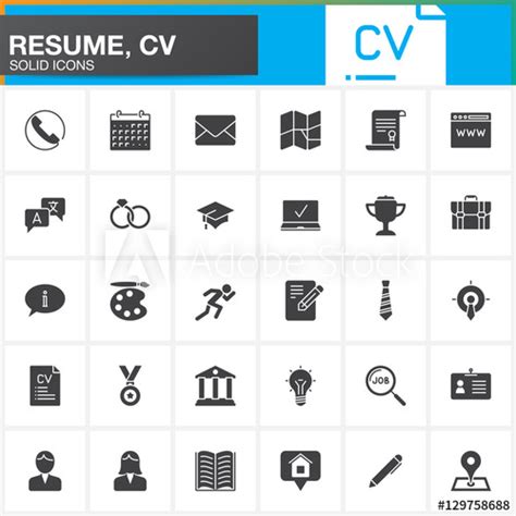 Les champs préalablement remplis seront remplacés. "Vector icons set for Resume or CV. Modern solid symbol ...