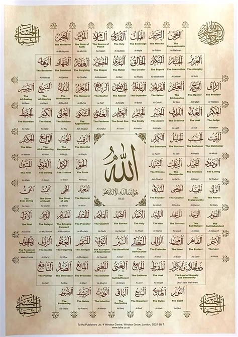 99 Names Of Allah With Translation And Transliteration In English Poster