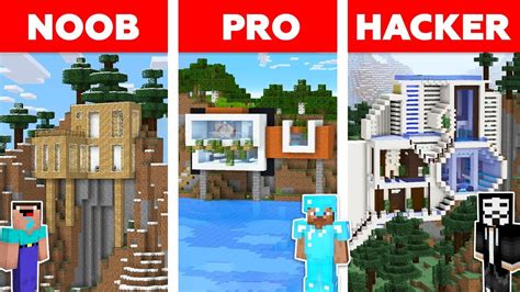Minecraft Noob Vs Pro Vs Hacker Modern Mountain House Build Challenge
